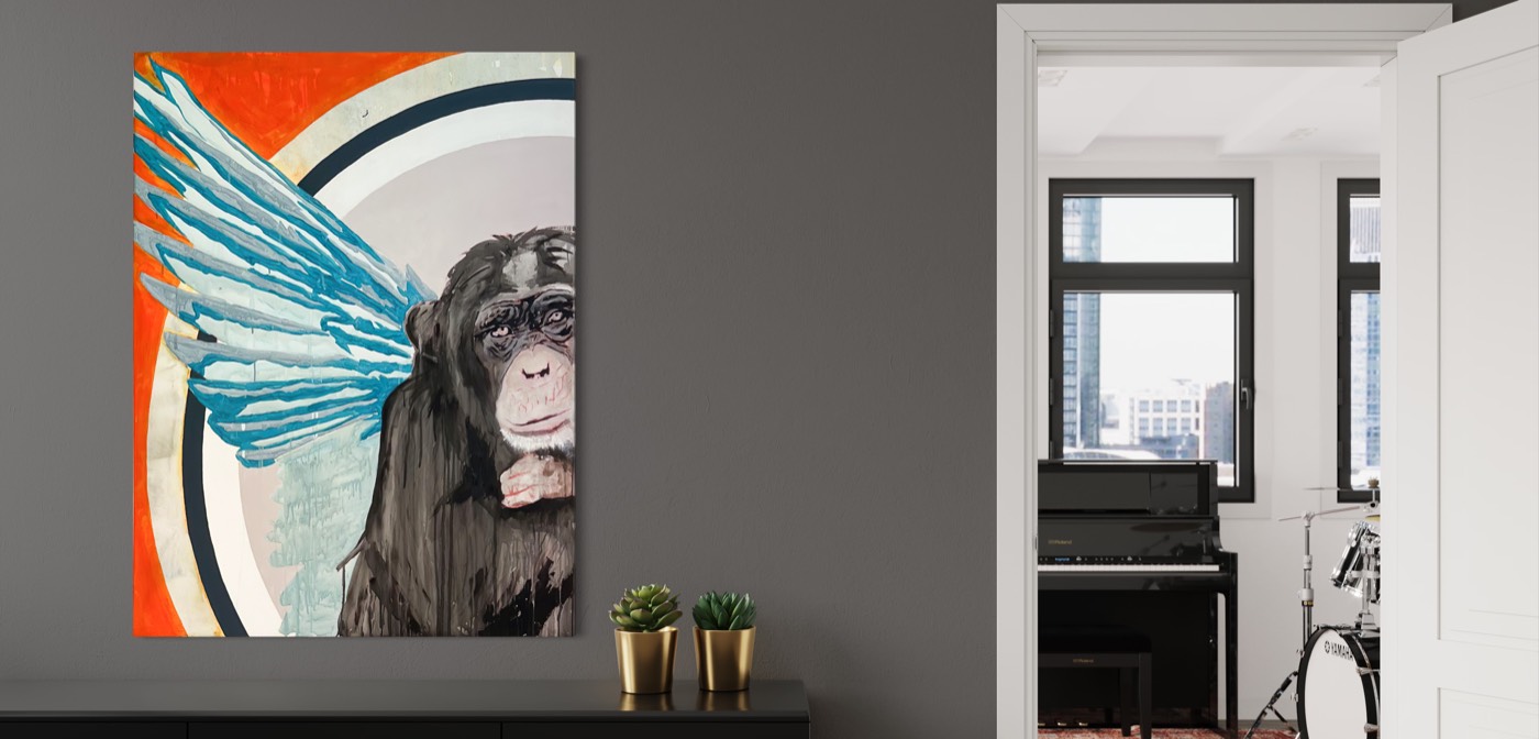 Chimpanzee Art on Grey Wall
